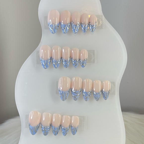 Handmade Press On Nails Blue French Nails Spring set - Picture 1 of 5
